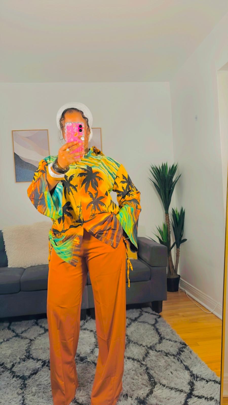 TISSU CRÊPE FLEURIS (Un ensemble pantalon doré & chemise élégant)